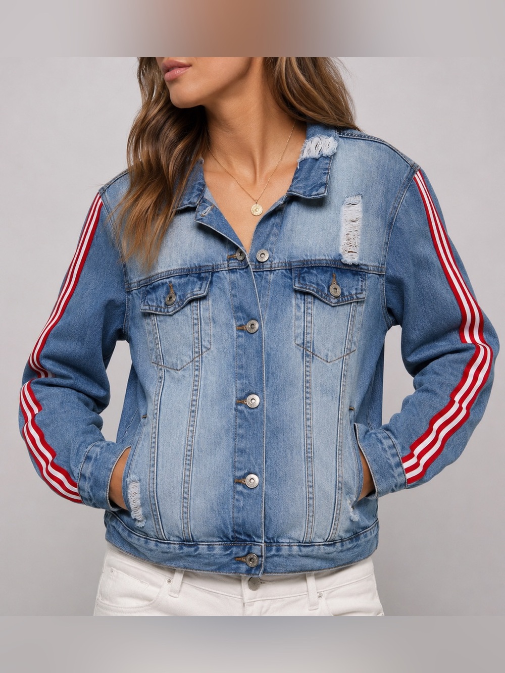 KanCan Los Angeles Distressed Denim Jacket with Stripe Sleeves | Medium